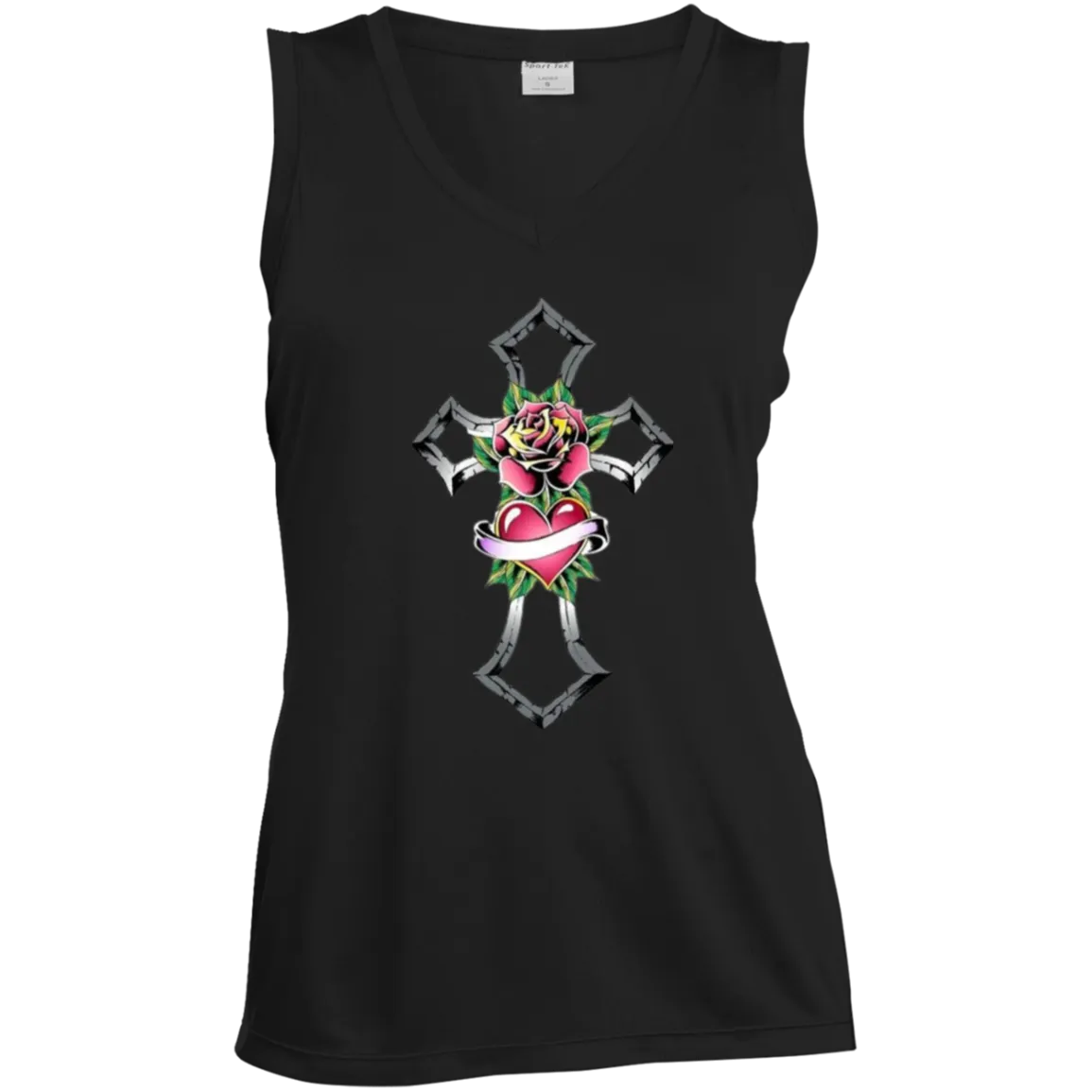 Tribal Rose with Heart Emblem Ladies' Sleeveless V-Neck Performance Tee