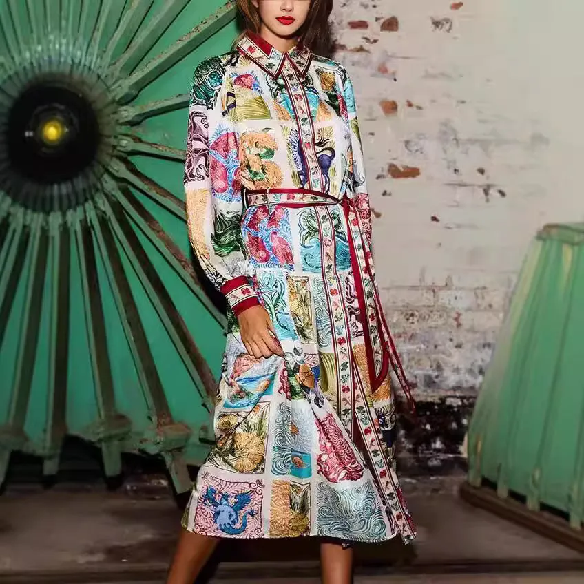 Unique Printed Lantern Sleeve Belt Pocket Shirt Midi Dress