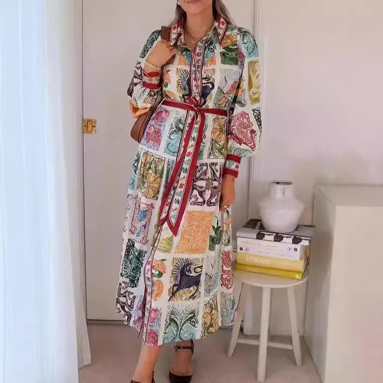 Unique Printed Lantern Sleeve Belt Pocket Shirt Midi Dress