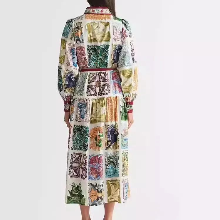 Unique Printed Lantern Sleeve Belt Pocket Shirt Midi Dress