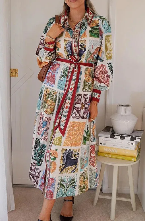 Unique Printed Lantern Sleeve Belt Pocket Shirt Midi Dress