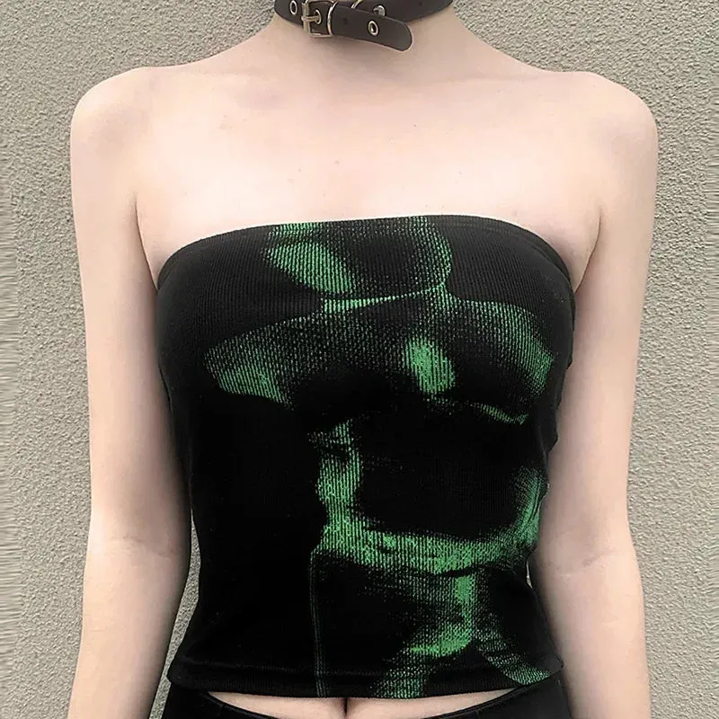 Vintage Punk Strapless Backless Crop Top