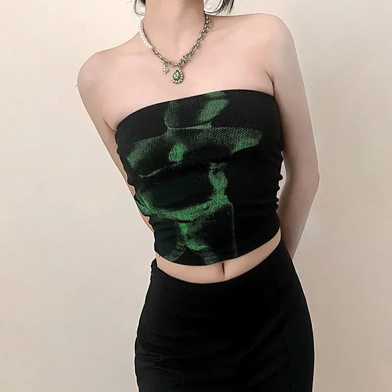 Vintage Punk Strapless Backless Crop Top