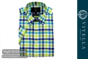 Viyella Classic Fit Green & Blue Oxford Check Short Sleeve Supima Cotton Shirt Style: VY0531H-090