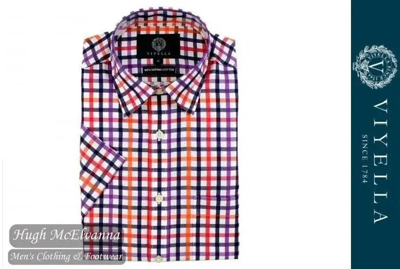 Viyella Classic Fit Navy Blue & Red Satin Check Short Sleeve Supima Cotton Shirt Style: 0530H-291