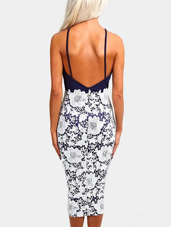 Wholesale Navy Halter Sleeveless Lace Backless Midi Dresses