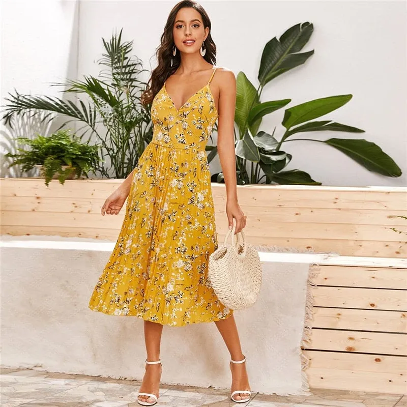 Yellow Surplice Neck Pleated Floral Cami