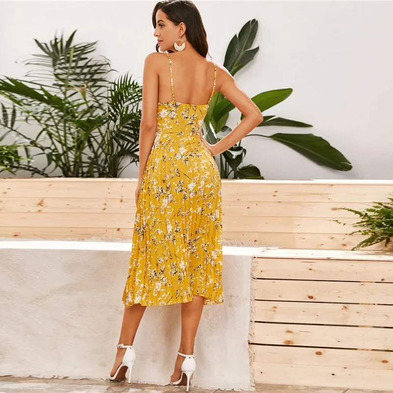 Yellow Surplice Neck Pleated Floral Cami