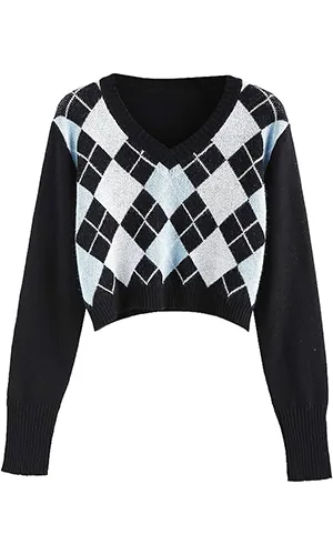 ZAFUL Women's Long Sleeve V-Neck Argyle Knit Sweater