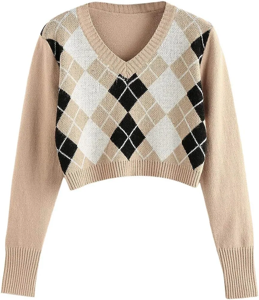 ZAFUL Women's Long Sleeve V-Neck Argyle Knit Sweater